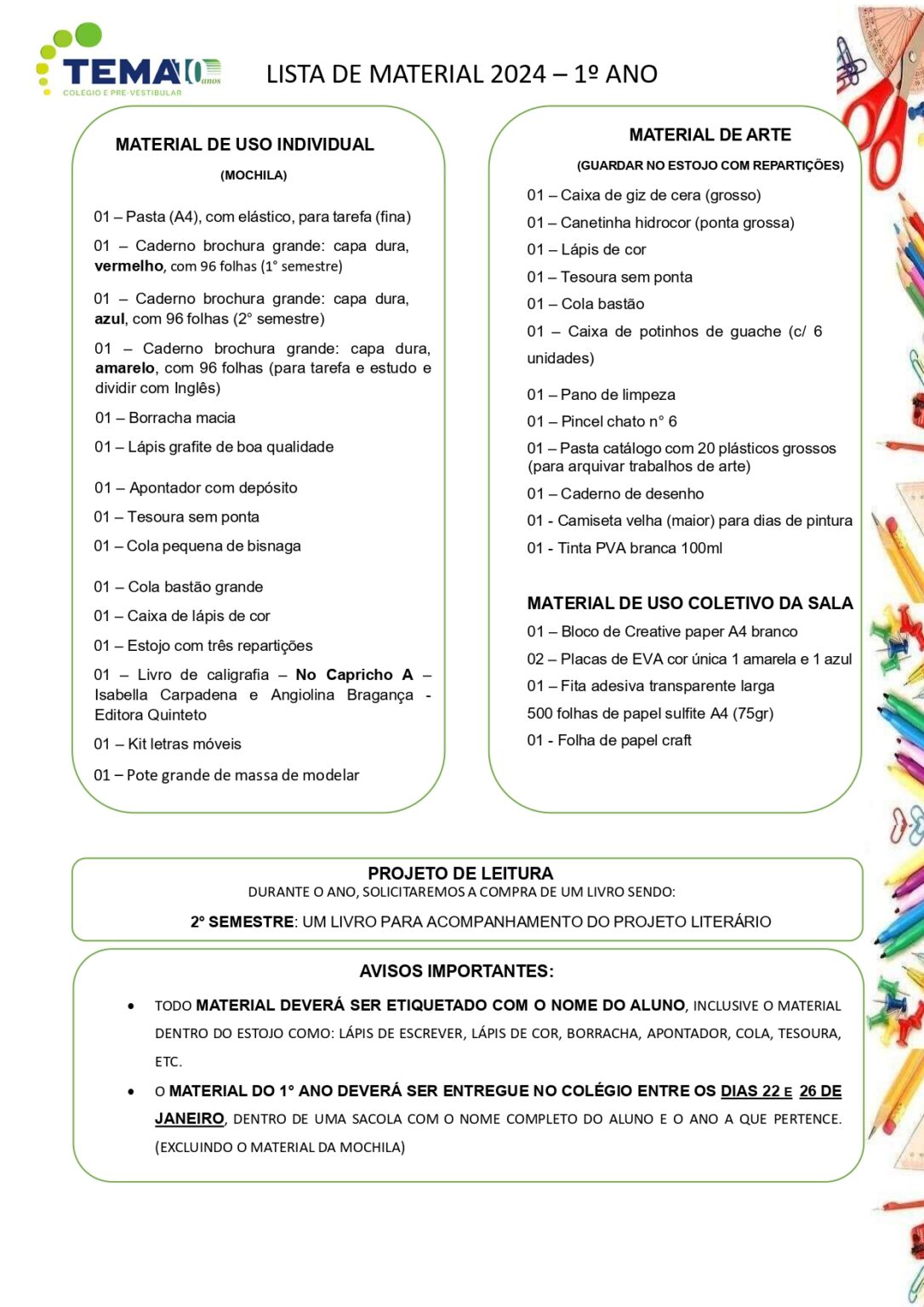 Lista de Material 2024 – 1º Ano – Colégio Tema – Excelência no Ensino